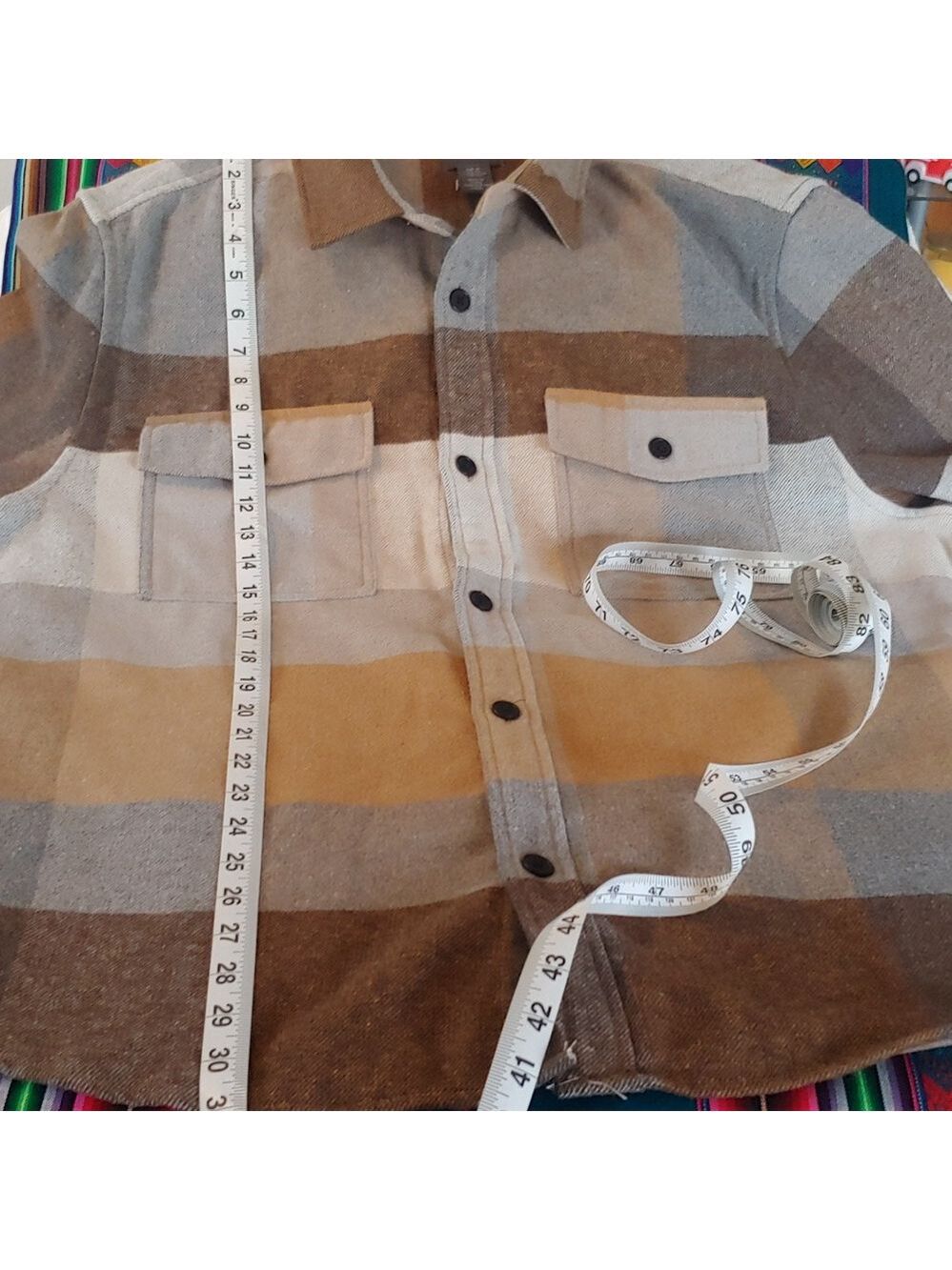 Men's Plaid Polyester Blend Button Shirt Brown, Tan, XL - Picture 11 of 15